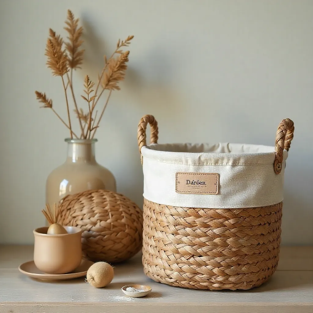 Bamboo storage containers arranged on wooden surface